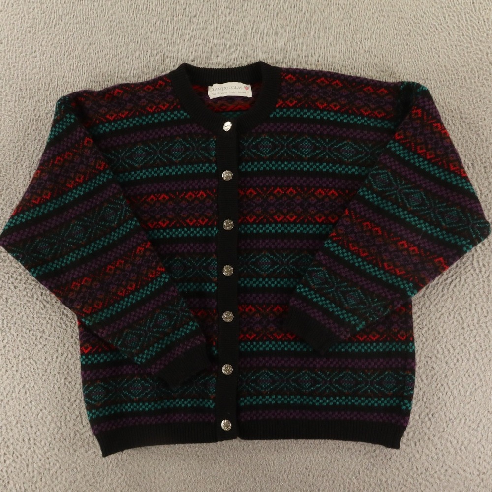 VTG Clan Douglas Sweater Womens‎ M Fair Isle 100% Wool Scotland Tweed Cardigan